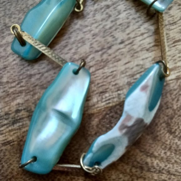 Vntg PAUA Turquoise ABALONE SHELL Chain Necklace - Picture 2 of 2